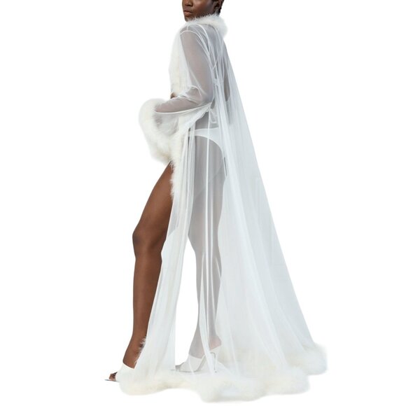 Kikiriki FeatherTrimmed Sheer Mesh Wide Sleeve Long Robe Size Small Off White NW - Picture 1 of 8
